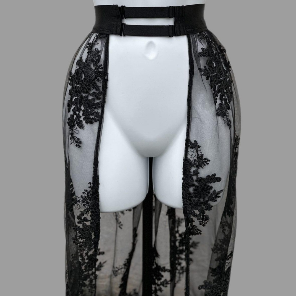Black Sheer Lace Skirt Overlay with Floral Design